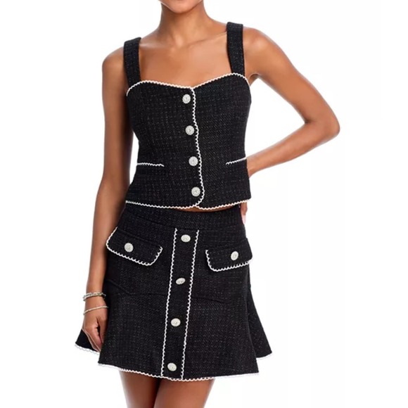 AQUA Tweed Crop Top White Trim‎ Button Front Sleeveless Black Size M - Picture 1 of 9